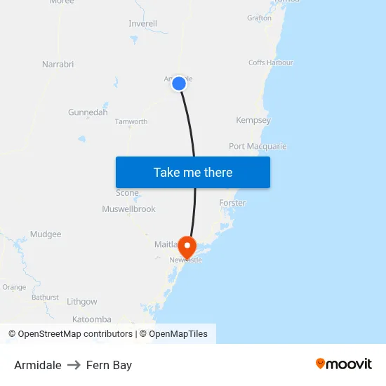 Armidale to Fern Bay map