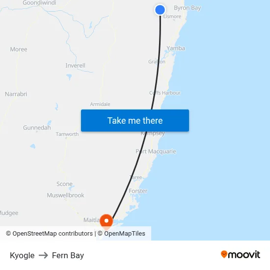 Kyogle to Fern Bay map