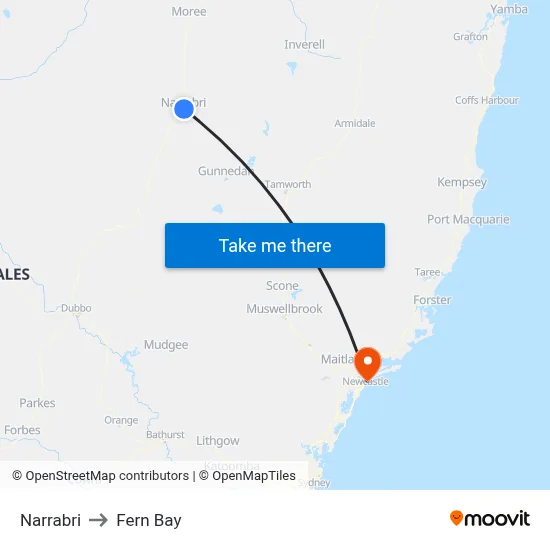 Narrabri to Fern Bay map