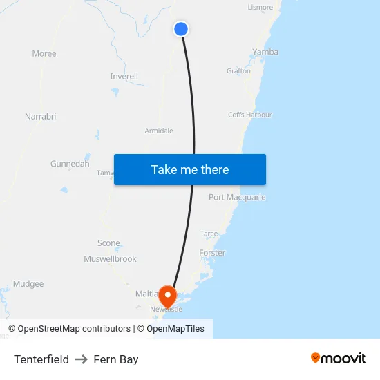 Tenterfield to Fern Bay map