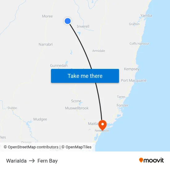 Warialda to Fern Bay map