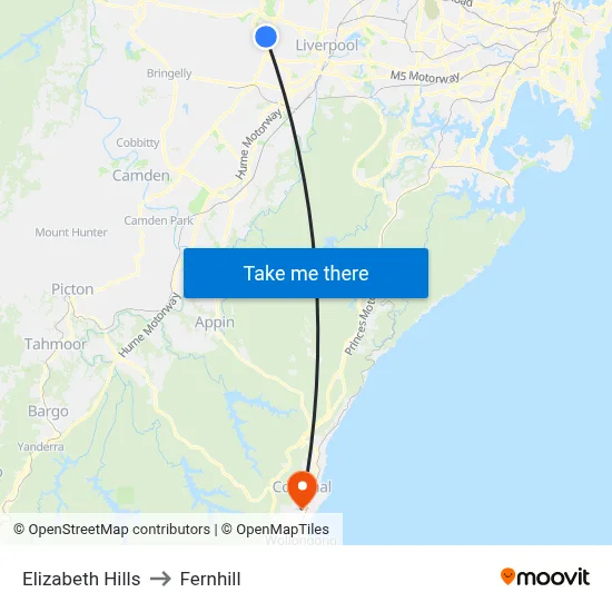 Elizabeth Hills to Fernhill map