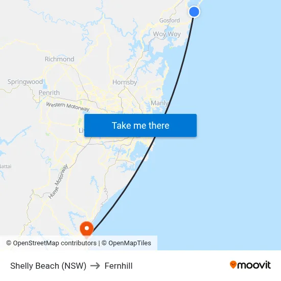 Shelly Beach (NSW) to Fernhill map