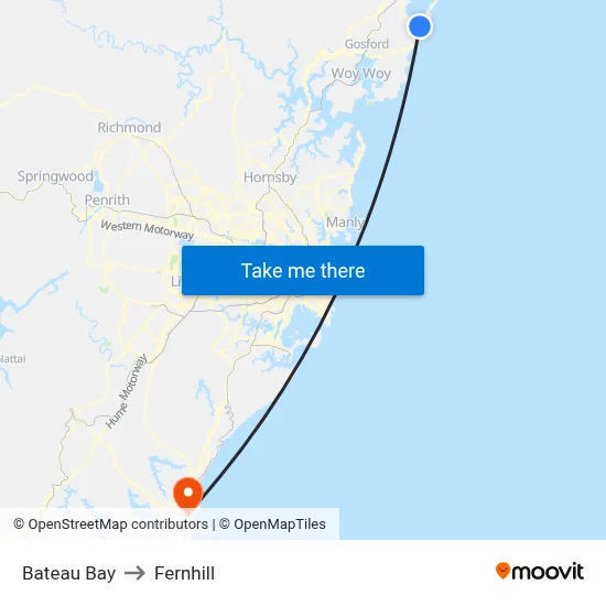 Bateau Bay to Fernhill map