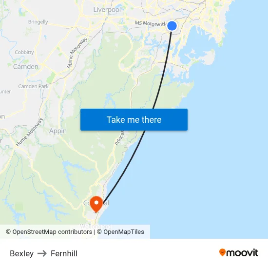 Bexley to Fernhill map