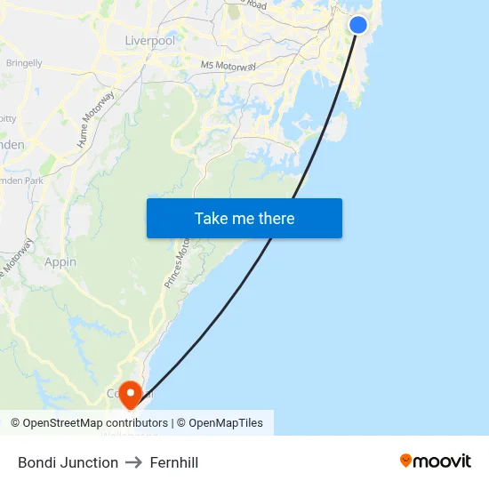 Bondi Junction to Fernhill map