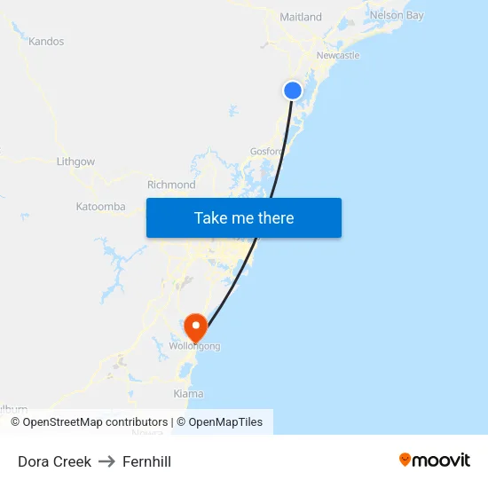 Dora Creek to Fernhill map
