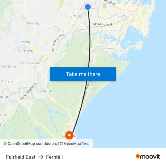 Fairfield East to Fernhill map