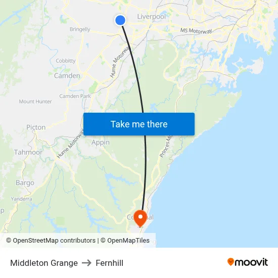 Middleton Grange to Fernhill map