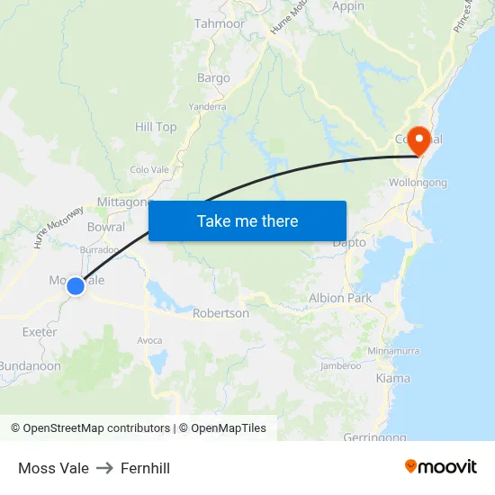 Moss Vale to Fernhill map