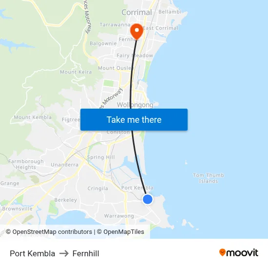 Port Kembla to Fernhill map