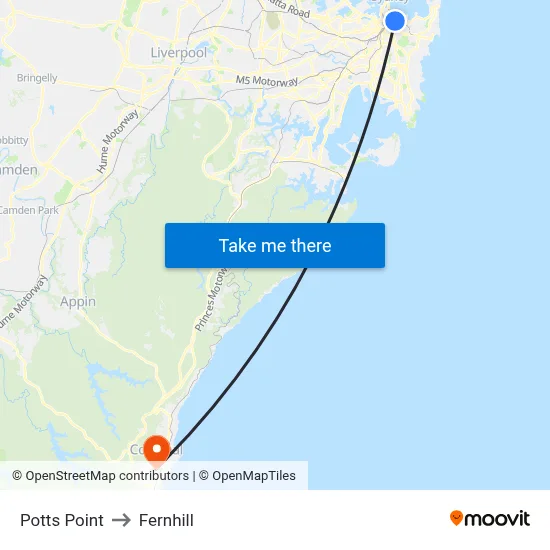 Potts Point to Fernhill map