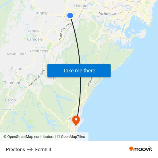 Prestons to Fernhill map