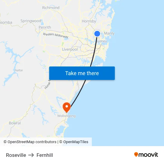 Roseville to Fernhill map