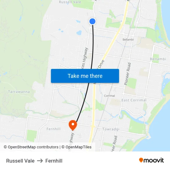 Russell Vale to Fernhill map