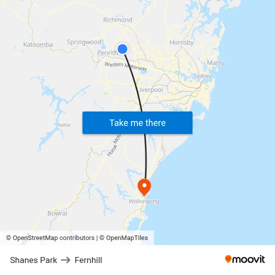 Shanes Park to Fernhill map