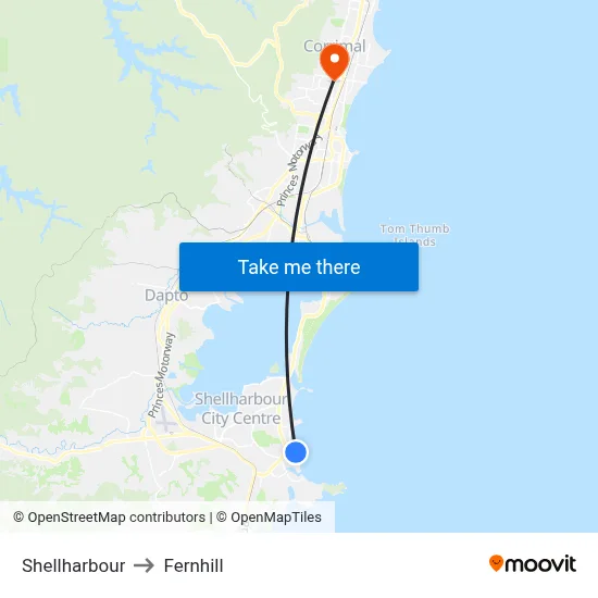 Shellharbour to Fernhill map
