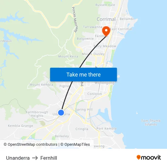 Unanderra to Fernhill map
