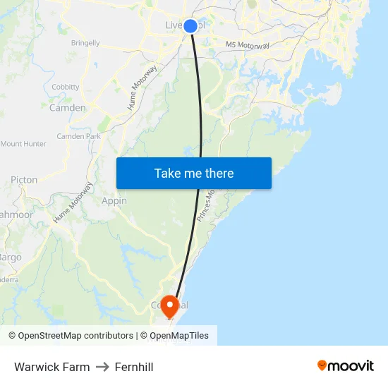 Warwick Farm to Fernhill map