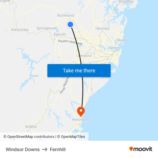 Windsor Downs to Fernhill map