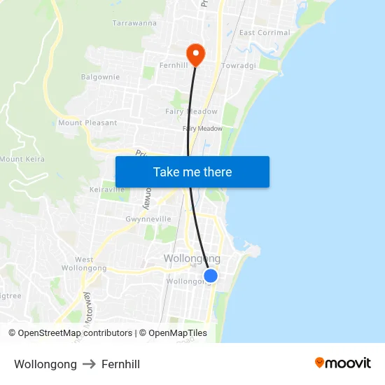 Wollongong to Fernhill map