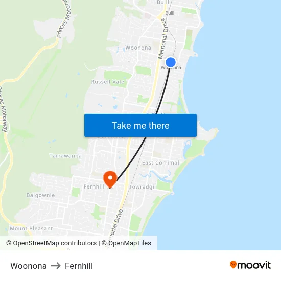 Woonona to Fernhill map