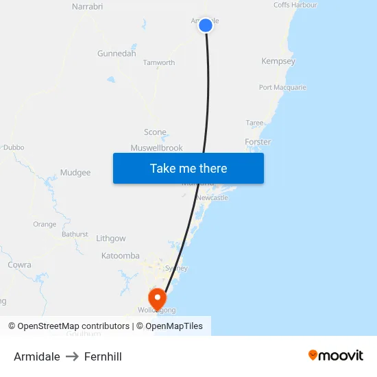 Armidale to Fernhill map