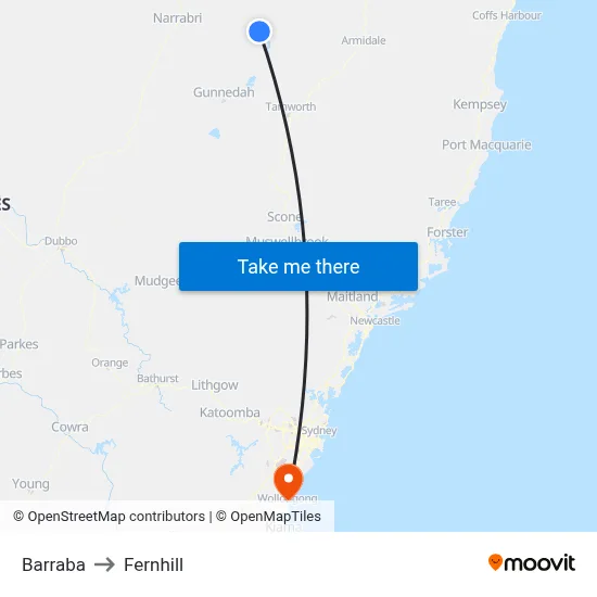 Barraba to Fernhill map
