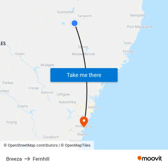 Breeza to Fernhill map