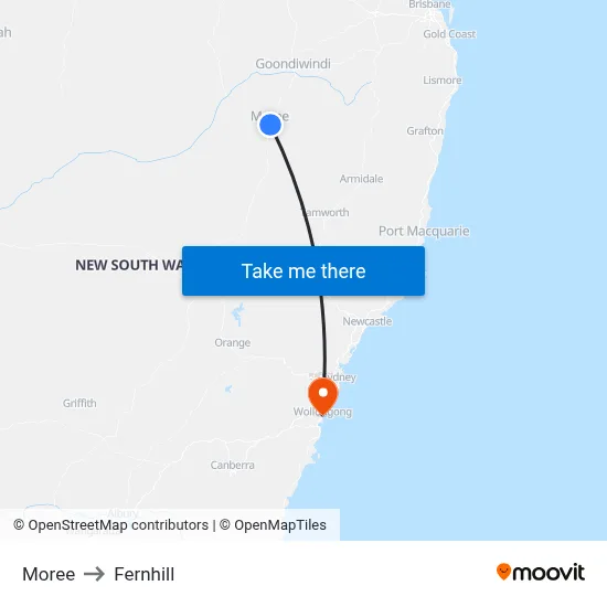 Moree to Fernhill map