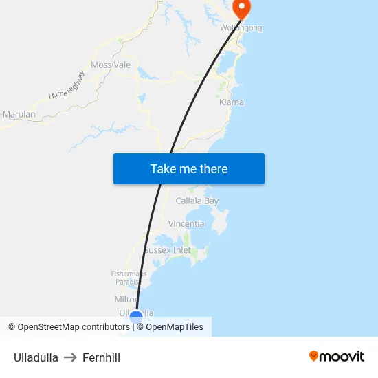 Ulladulla to Fernhill map