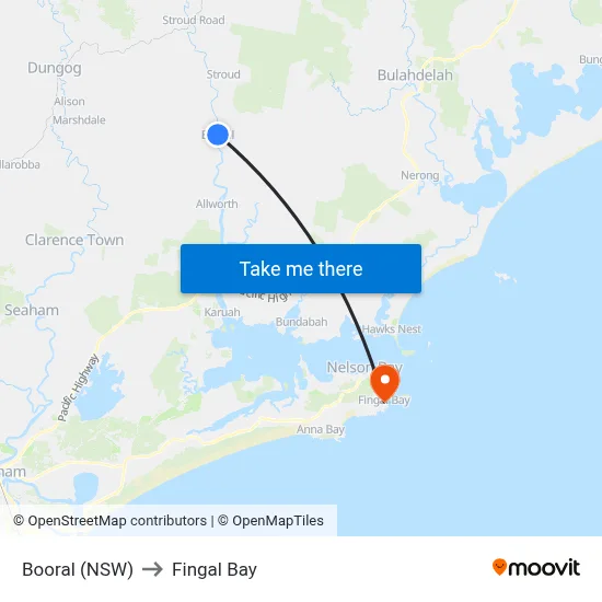 Booral (NSW) to Fingal Bay map