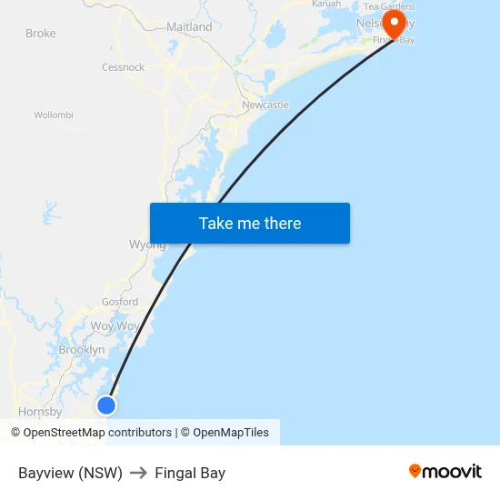 Bayview (NSW) to Fingal Bay map
