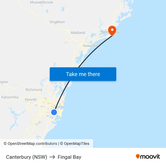 Canterbury (NSW) to Fingal Bay map