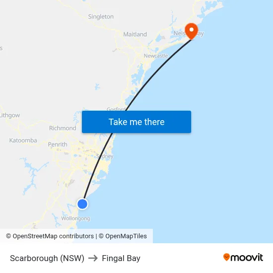 Scarborough (NSW) to Fingal Bay map