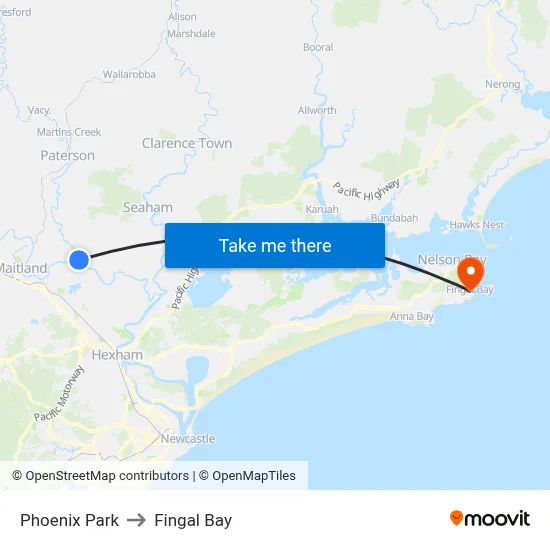 Phoenix Park to Fingal Bay map