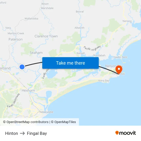 Hinton to Fingal Bay map