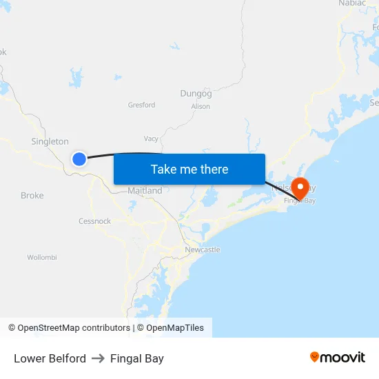 Lower Belford to Fingal Bay map