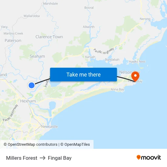 Millers Forest to Fingal Bay map