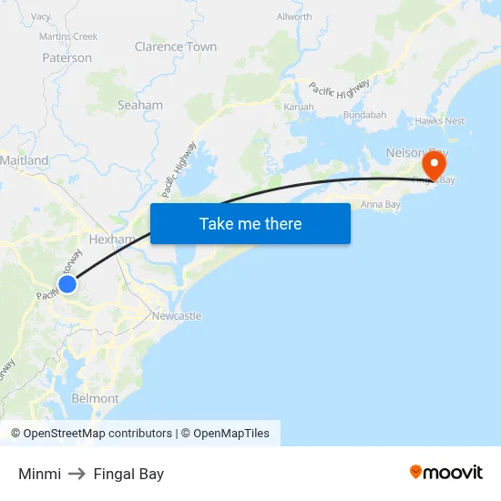 Minmi to Fingal Bay map