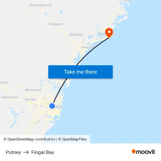 Putney to Fingal Bay map
