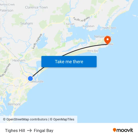 Tighes Hill to Fingal Bay map