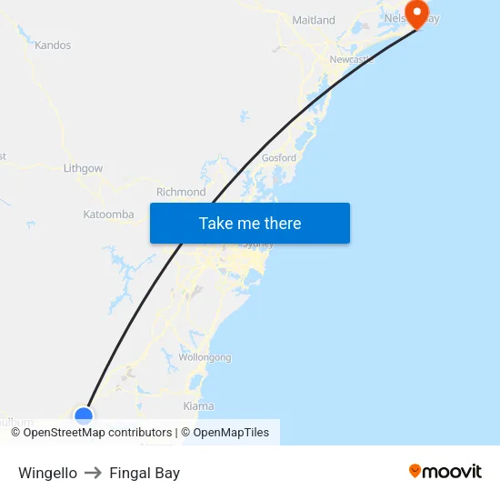 Wingello to Fingal Bay map