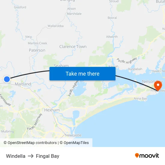 Windella to Fingal Bay map