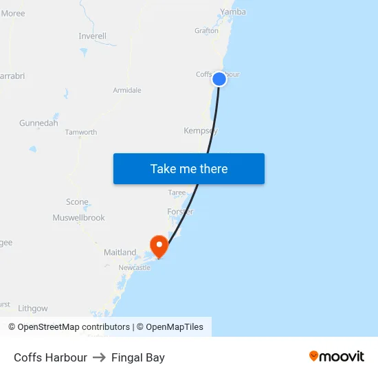 Coffs Harbour to Fingal Bay map