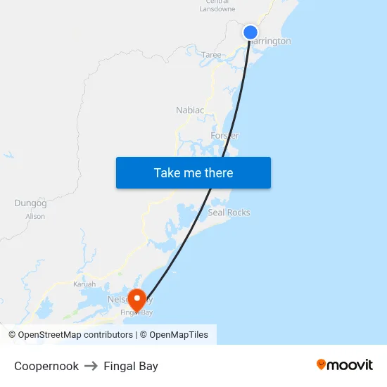 Coopernook to Fingal Bay map