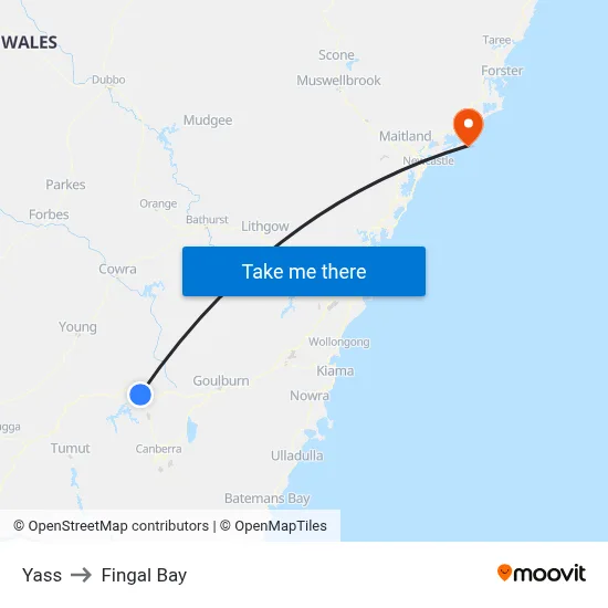 Yass to Fingal Bay map