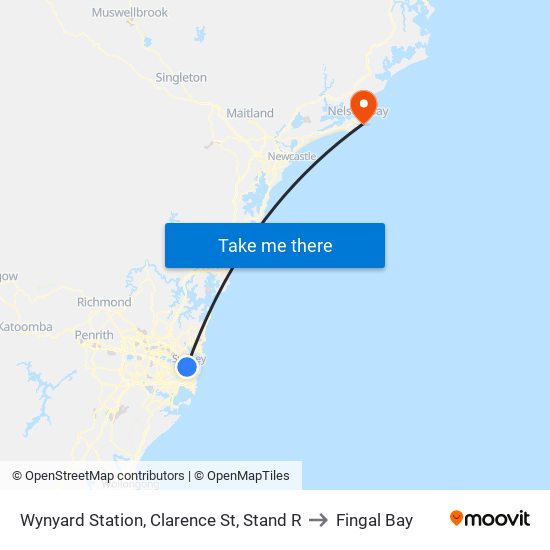 Wynyard Station, Clarence St, Stand R to Fingal Bay map