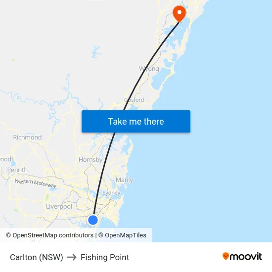 Carlton (NSW) to Fishing Point map