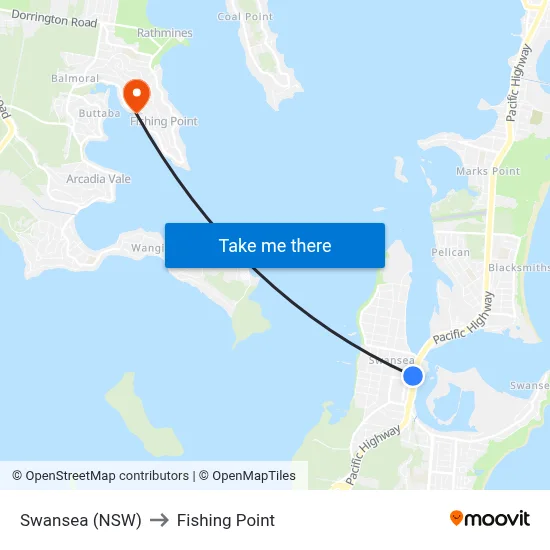 Swansea (NSW) to Fishing Point map